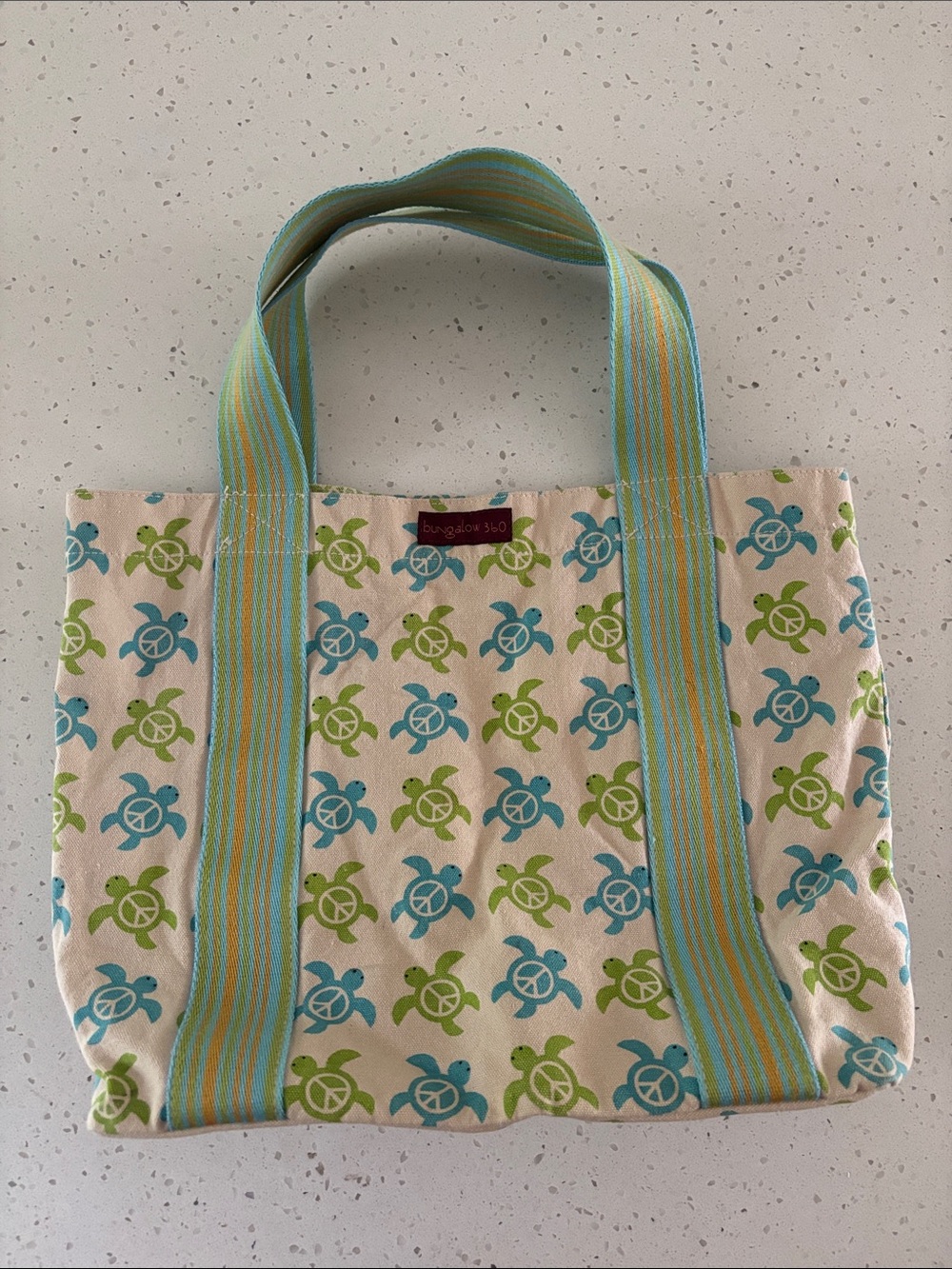 bungalow 360 Canvas Tote with Blue & Green Turtlew Peace Sign Print